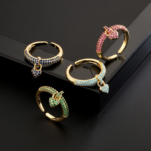 Heart Charm Adjustable Ring 18K Gold Plated Copper Micro Pave Cubic Zirconia Colorful Vintage Fashion Jewelry For Women