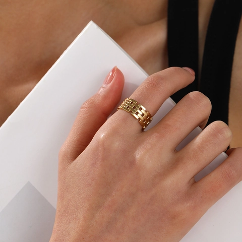 Geometrischer Quadratischer Kettenstruktur Ring Edelstahl Vergoldet Französischer Retro Verstellbar Offen Schmuck Damen