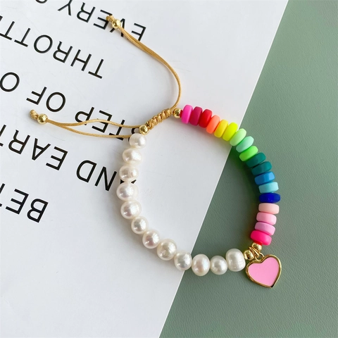 Natural Freshwater Pearl And Rainbow Heishi Beads Bracelet With Enamel Heart Pendant Adjustable Cord Handmade Jewelry