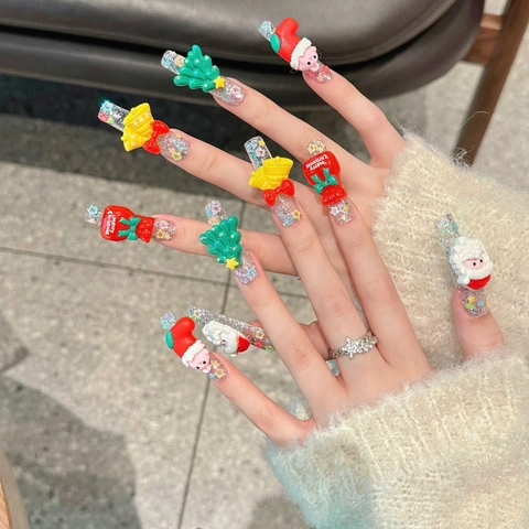 Navidad Press On Nails 3D Resina Papá Noel Árbol Campana Lujo Largas Uñas Postizas Artificiales Para Mujeres Fiesta