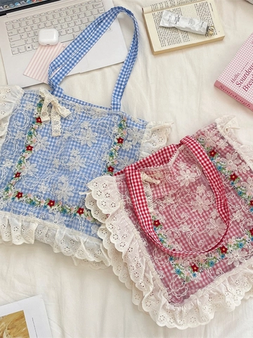 Gingham Shoulder Bag With Lace Ruffle And Flower Embroidery Polyester Tote For Women Sweet Floral Style
