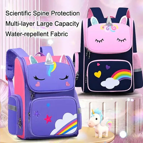 Kids School Backpack Primary Student Waterproof Oxford Cloth Ergonomic Spine Protection Large Capacity Reflective Safety Unicorn