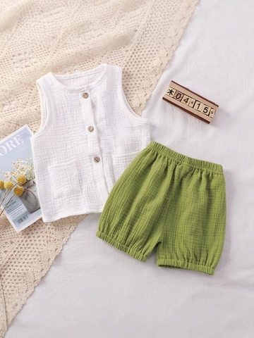 Kids Summer Cotton Muslin Sleeveless Top And Shorts Set Breathable Home Wear Two Piece Outfit For Boys Girls