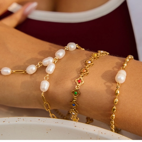 Edelstahl Schmuck Für Damen Halskette Armband Ring Bunte Emaille Blume Künstliche Perle Edelstein Wasserdicht Hypoallergen Mode