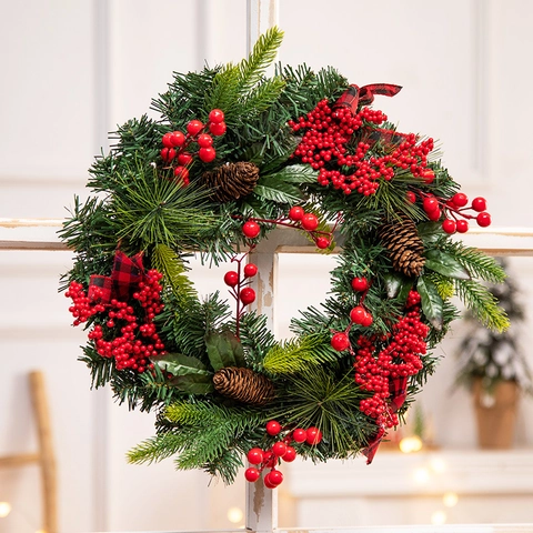 Artificial Pine Christmas Wreath Red Berries Pine Cones Plaid Bow Bells Rustic Festive Door Wall Hanging Ornament