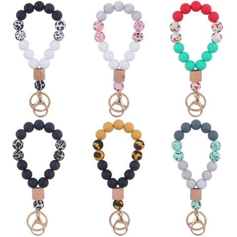 Llavero de Muñeca con Cuentas de Silicona para Mujer Pulsera Llavero con Patrón de Leopardo y Girasol con Cuenta de Madera y Cierre de Aleación