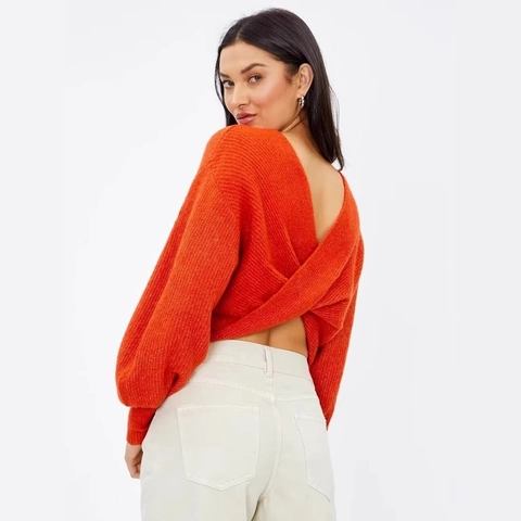 Maglione In Maglia Sexy Da Donna Schiena Scoperta Design Incrociato Manica Lunga Crop Top Moda