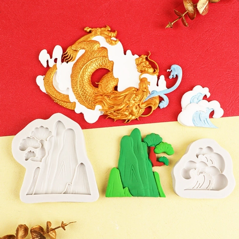 Molde de Silicona Tradicional Chino de Dragón Ola Montaña Para Decoración de Pasteles Fondant Chocolate Bricolaje Molde de Relieve 3D