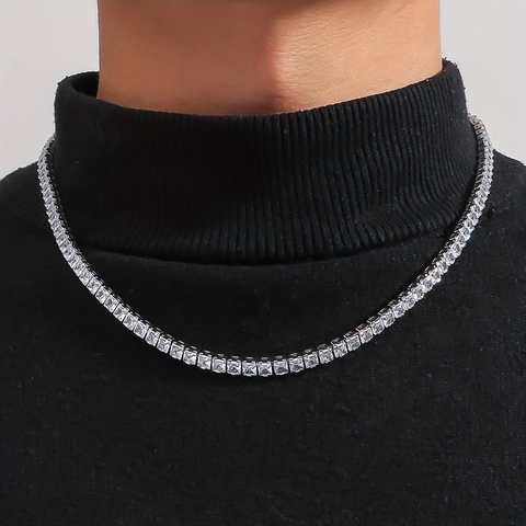 Hip Hop Lightning Pendant Necklace Copper Zircon Rhinestone Iced Out Square Cut Tennis Chain Trendy Jewelry Unisex