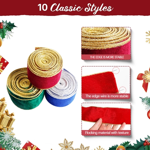 Christmas Wired Velvet Ribbon Gold Edge For Xmas Tree Decor Gift Wrapping DIY Craft Holiday Party