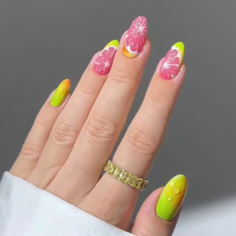 Faux Ongles Fruit Agrume Pamplemousse Plastique ABS Amovible Dégradé Rose Jaune Style Été Longues Pointes Ovales Pour Femmes