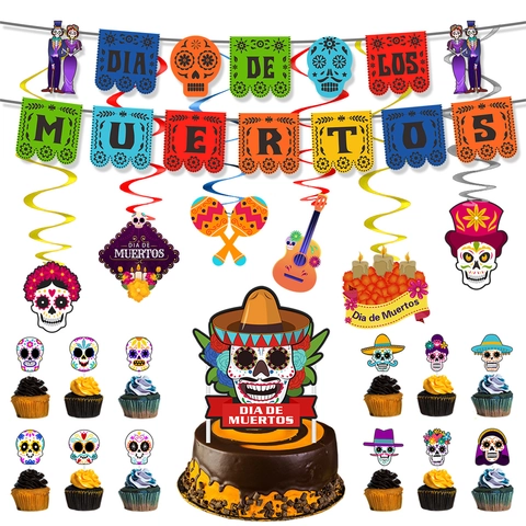 Mexicain Jour des Morts Décoration de Fête Kit Avec Crâne Bannière Guirlande Ballons Cake Toppers Pour Carnaval Fiesta Thème Événement Décor