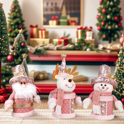 Scatola di Caramelle di Natale Rosa Decorativo Babbo Natale Pupazzo di Neve Renna Contenitore Regalo in Tessuto Ornamento Festa
