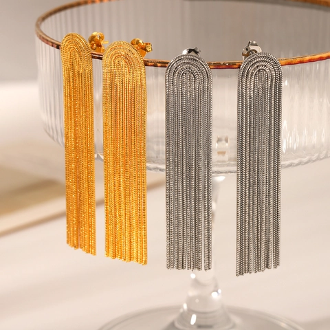 Pendientes De Borla De Acero Inoxidable Bañados En Oro De 18K Cadena Larga Flecos Geométricos Elegantes