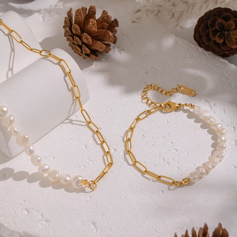Set Di Gioielli Collana Bracciale Künstliche Perle Naturali Catena Graffetta Acciaio Inossidabile Impermeabile Ipoallergenico Donna