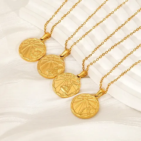 Stainless Steel Necklace 18K Gold Plated Round Zodiac Relief Pendant Constellation Vintage Minimalist Jewelry Women Gift