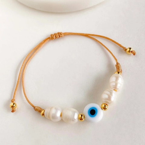 Pulsera Perlas Agua Dulce Ojo Turco Cristal Azul Hecha A Mano Tejida Ajustable Perlas Barrocas Cuentas Doradas Mujer