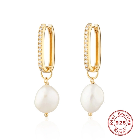 Artificial Baroque Pearl Hoop Earrings 925 Sterling Silver Earring Post Zircon Inlaid Elegant Wedding Jewelry For Women