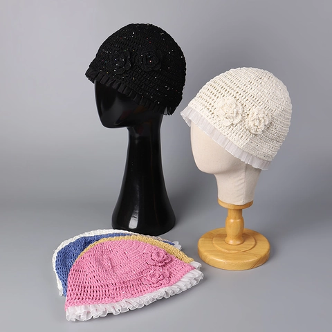 Crochet Bucket Hat Women Cotton Polyester Mesh Lace Trim Flower Sequin Summer Sun Protection Vacation Foldable