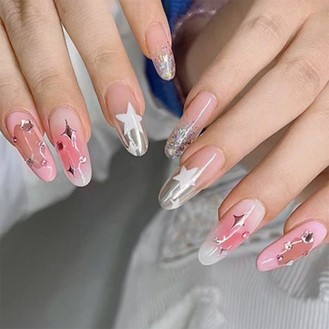 Press On Nails Almond Pink Gradient With Rhinestones White Star Glitter Glossy Fake Nails For Women Daily Party