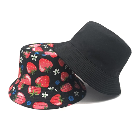 Bob Imprimé Fraise Polyester Réversible Motif Fruit Fleur Protection Solaire Chapeau De Pêcheur Femmes Hommes
