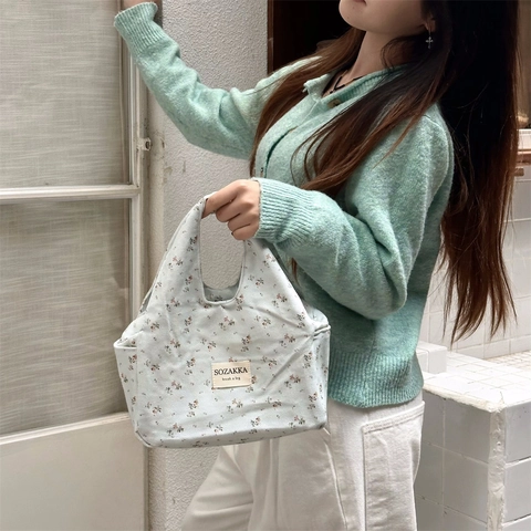 Sac À Main En Toile À Fleurs Sac À Déjeuner Portable En Polyester Grande Capacité Style Japonais Frais Pour Bureau
