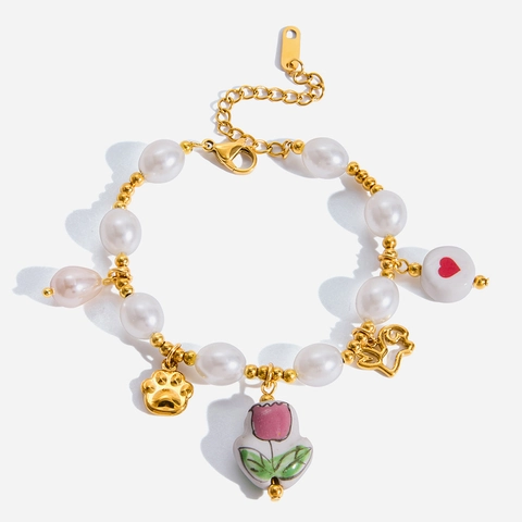 Stainless Steel Artificial Pearl Bracelet For Women With Hand Painted Tulip Ceramic Pendant And Heart Cat Paw Charms Retro Jewelry