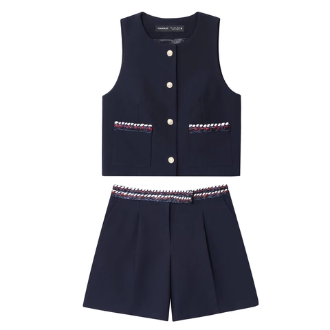 Dames Vest En Shorts Mouwloos Ronde Hals Gouden Knoppen Gevlochten Bies Elegant Casual Chique Marineblauw