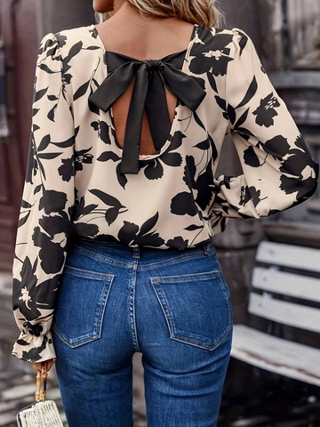 Floral Print Blouse Polyester Spandex Backless Lace-up Bow Long Sleeve Ruffle Cuffs Casual Slim Fit Women Top Shirt