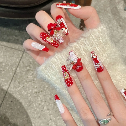 Unghie Finte Natalizie Fatte A Mano 3D Rosso Bianco Lungo Bara Babbo Natale Pupazzo Di Neve Fiocco Perla Artificial Strass Per Donne