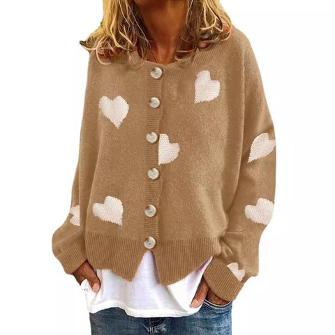 Women Knit Cardigan Sweater Heart Pattern Round Neck Button Down Long Sleeve Acrylic Polyester Nylon Outerwear