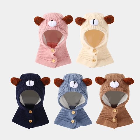 Kids Knitted Balaclava Hat Integrated Hooded Scarf Thickened Fleece Lined Windproof Winter Warm Bear Ears For Toddlers