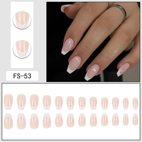 Uñas Postizas Francesas Forma Ataúd Rosa Nude Puntas Blancas Uñas Artificiales Removibles Largas Para Mujeres