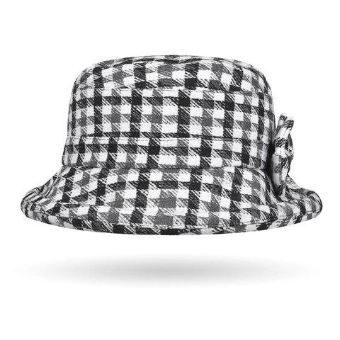 Cappello a Secchiello Vintage a Quadri da Donna Autunno Inverno Caldo in Poliestere Cappello a Bacino Pieghevole Con Fiocco Retrò Letterario