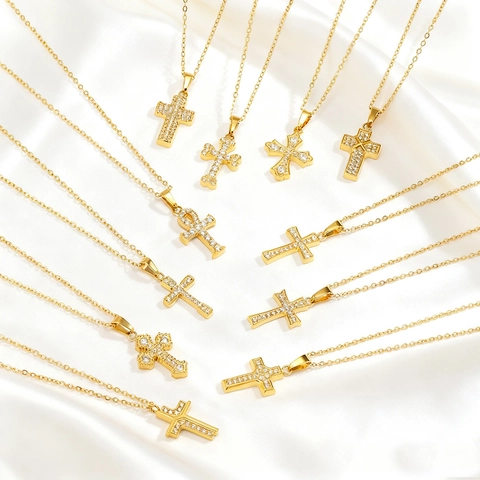 Collier Pendentif Croix Acier Inoxydable Incrusté Zircon Plaqué Or Bijoux De Mode Religieuse Femmes Hommes