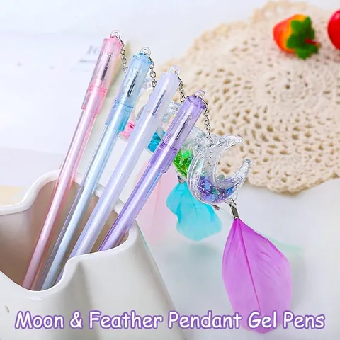 Gel Pen With Moon Sequin Quicksand Pendant And Colorful Feather Charm Plastic Decorative Writing Tool For School Stationery