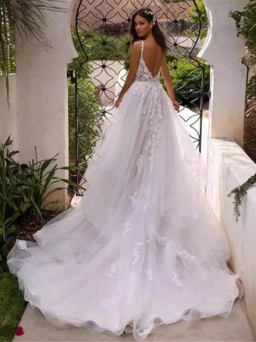 Vestido De Novia De Encaje Marfil Cuello En V Profundo Línea A Sin Mangas Con Cola Larga Tul Elegante Para Novia