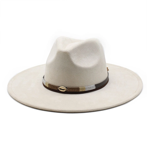 Wide Brim Fedora Hat Suede Fabric Shell Decor Ethnic Woven Band Bohemian Retro Jazz Panama Style