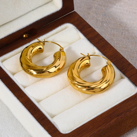 Orecchini A Cerchio In Acciaio Inossidabile Placcato Oro 18K Per Donna Texture Torta Grossa Croissant Geometrici