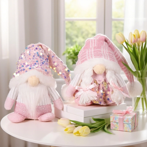Ornamenti Gnomo Di Natale Rosa Paillettes Peluche Bambole Senza Volto Cappello Maglia Decorazione Da Tavolo Regalo Di Festa