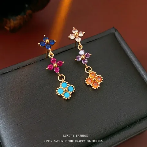 Flower Drop Earrings Copper Zircon With Silver Earring Post 18K Gold Plated Vintage Elegant Jewelry For Women