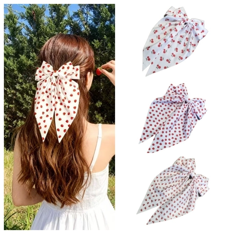 Lazo Grande Para El Pelo Estampado Fresa Cereza Tela Pasador Cintas Largas Clip De Resorte Dulce Para Mujeres Niñas