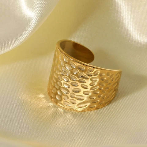 Vintage Hammerschlag Breitband Offener Ring Edelstahl 18K Vergoldet Verstellbar Übertriebener Klobiger Schmuck Damen