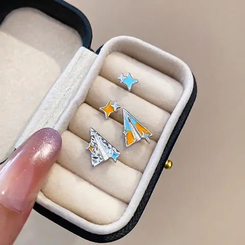 Flugzeug Stern Ohrstecker Mit 925 Sterling Silber Ohrstecker Legierung Emaille Tropföl Cartoon Süßer Schmuck Für Damen