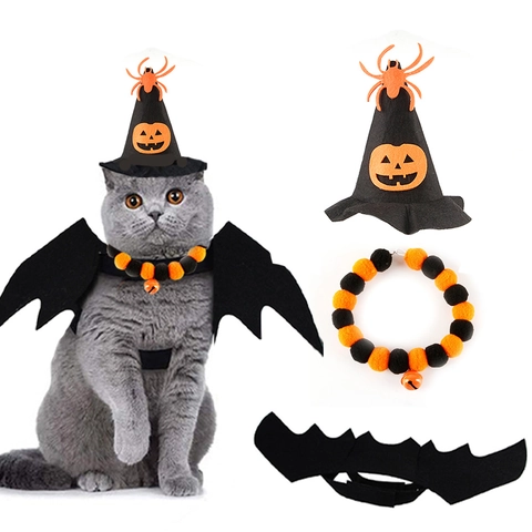 Halloween Pet Costume Set Dog Cat Witch Hat Bat Wings Pirate Hat Festive Party Apparel