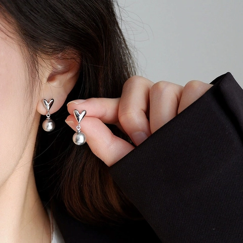 Heart Shaped Copper Drop Earrings With Grey Simulated Artificial Pearl French Elegant Silver Tone Jewelry For Women
