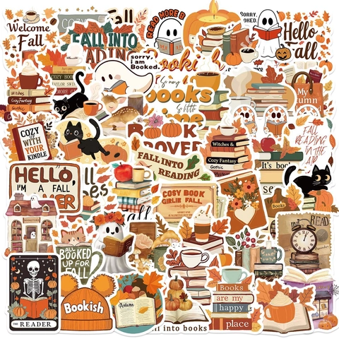 Herbst Lesen Cartoon Aufkleber Wasserdicht PVC Bücherwurm Kürbis Ahornblatt Decals Für Laptop Gitarre Gepäck DIY Dekorativ
