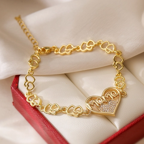 Chic Mom Mama Heart Bracelet Copper 18K Gold Plated Cubic Zirconia Link Chain Jewelry For Women Mothers Day Gift Luxury