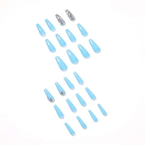 Press-On-Nägel Himmelblau Voll-Strass Lang Coffin Künstliche Nägel Glänzend Frauen DIY Nagelkunst