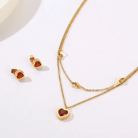 Stainless Steel Double Layer Heart Necklace And Earrings For Women Gold Plated Glass Gemstone Jewelry